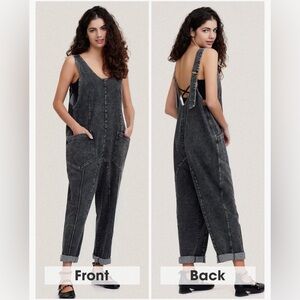 NWT L Exlura Denim Grey Bib Overalls